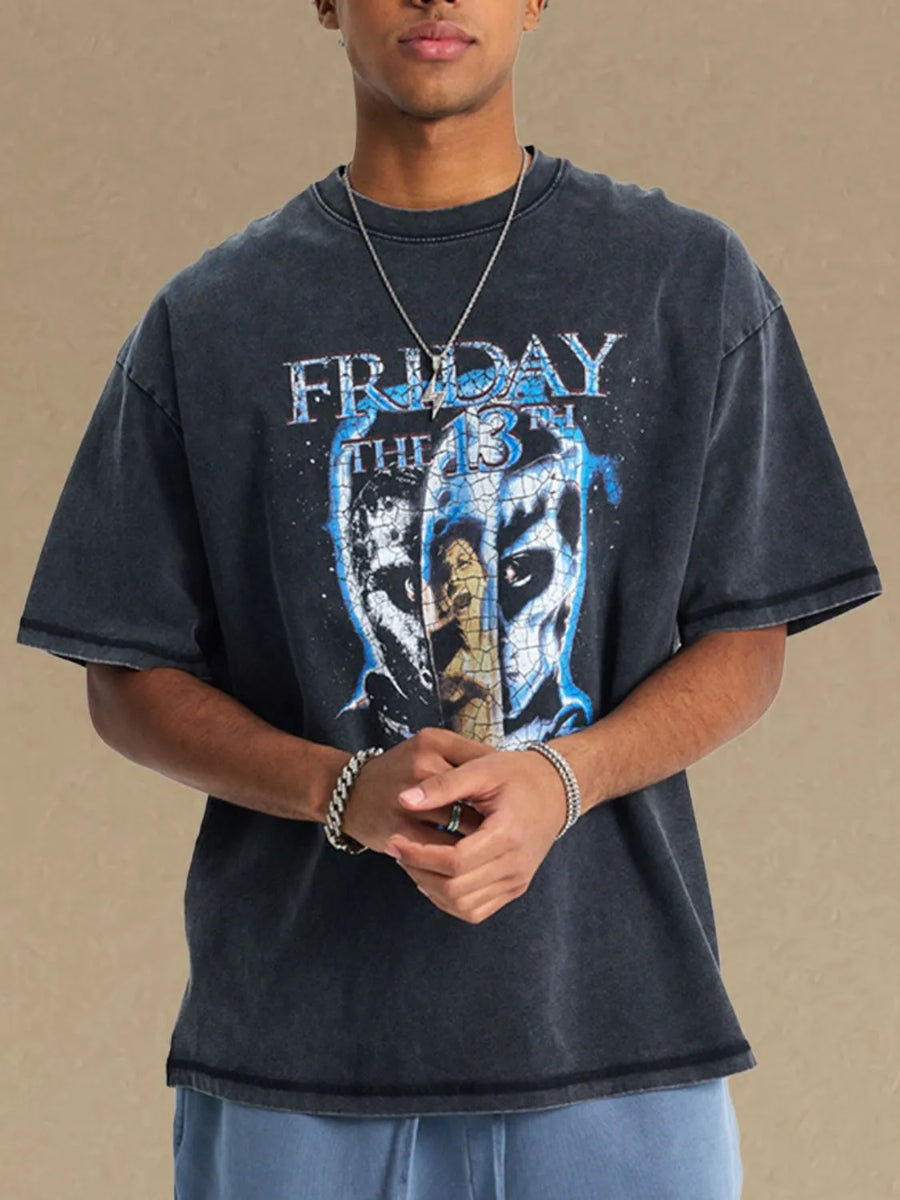 Black vintage wash graphic tee with Friday the 13th print and crew neck.