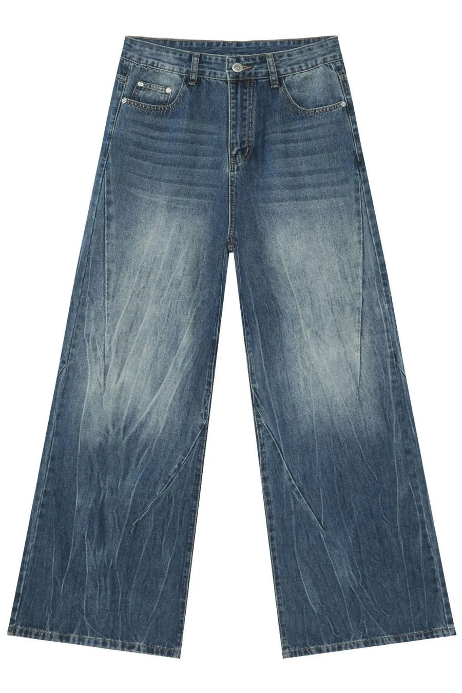 Oversized wash-effect palazzo jeans in medium blue denim with a wide leg and distressed details.