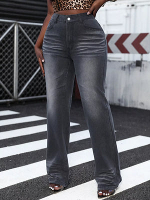 Dark gray high-waist straight leg jeans with a faded wash and subtle whiskering detail.