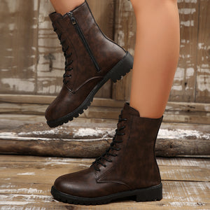 Low-Heel Round Toe Lace Up Boots in black with round toe