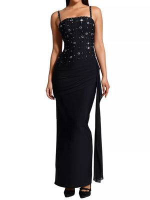 black maxi dress with rhinestone and spaghetti strap