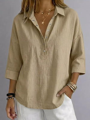 Black Full Size Snap Down 3/4 Sleeve Blouse Plus Size