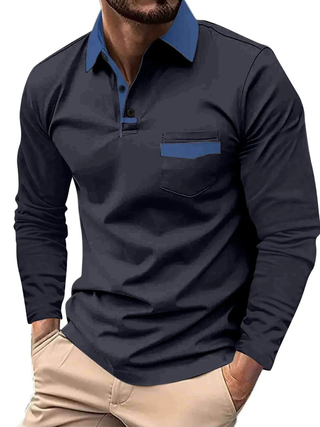 Navy long sleeve polo shirt with contrast collar and chest pocket detail.