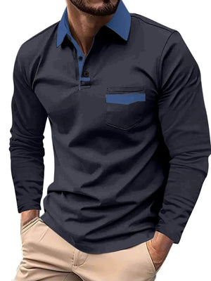 Navy long sleeve polo shirt with contrast collar and chest pocket detail.