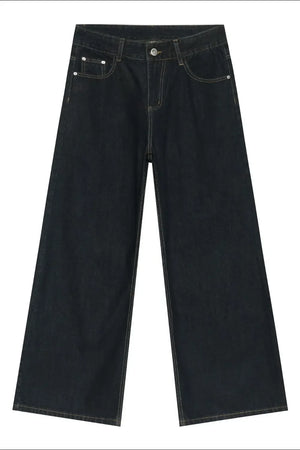 Dark denim exaggerated wide leg jeans with contrast stitching and a casual fit.