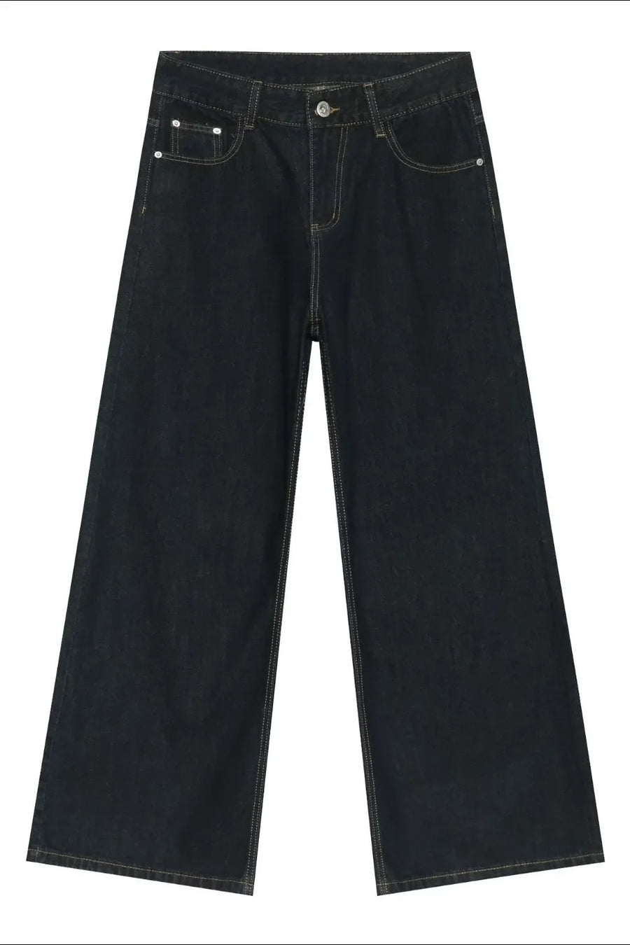 Dark denim exaggerated wide leg jeans with contrast stitching and a casual fit.