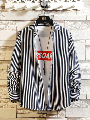 Light Blue Men's Plus Size Striped Button Up Casual Shirt