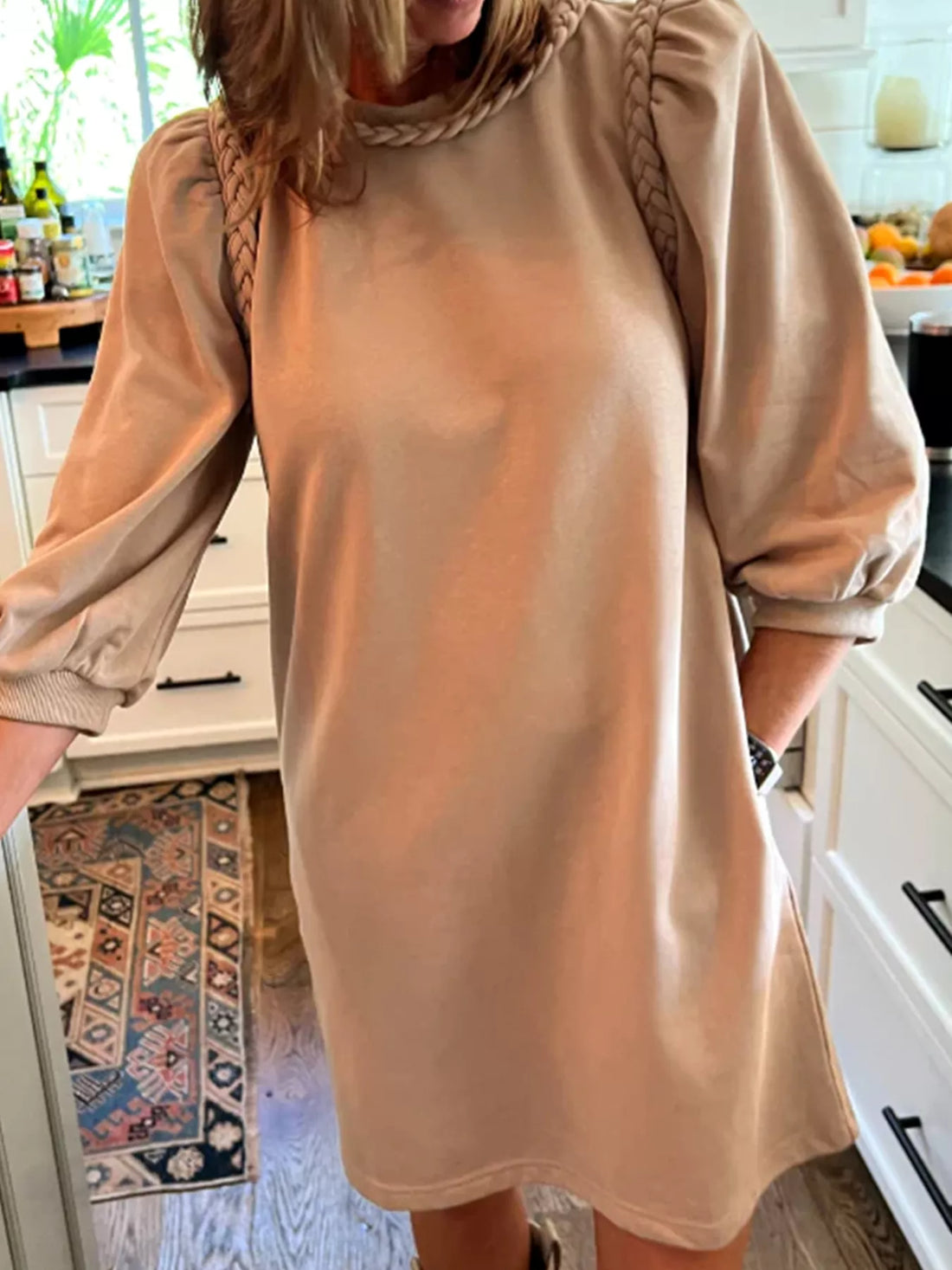 Braided puff sleeve dress in Khaki
