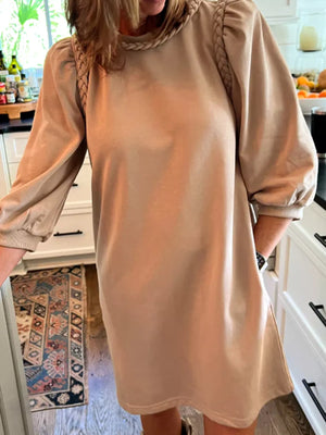 Braided puff sleeve dress in Khaki