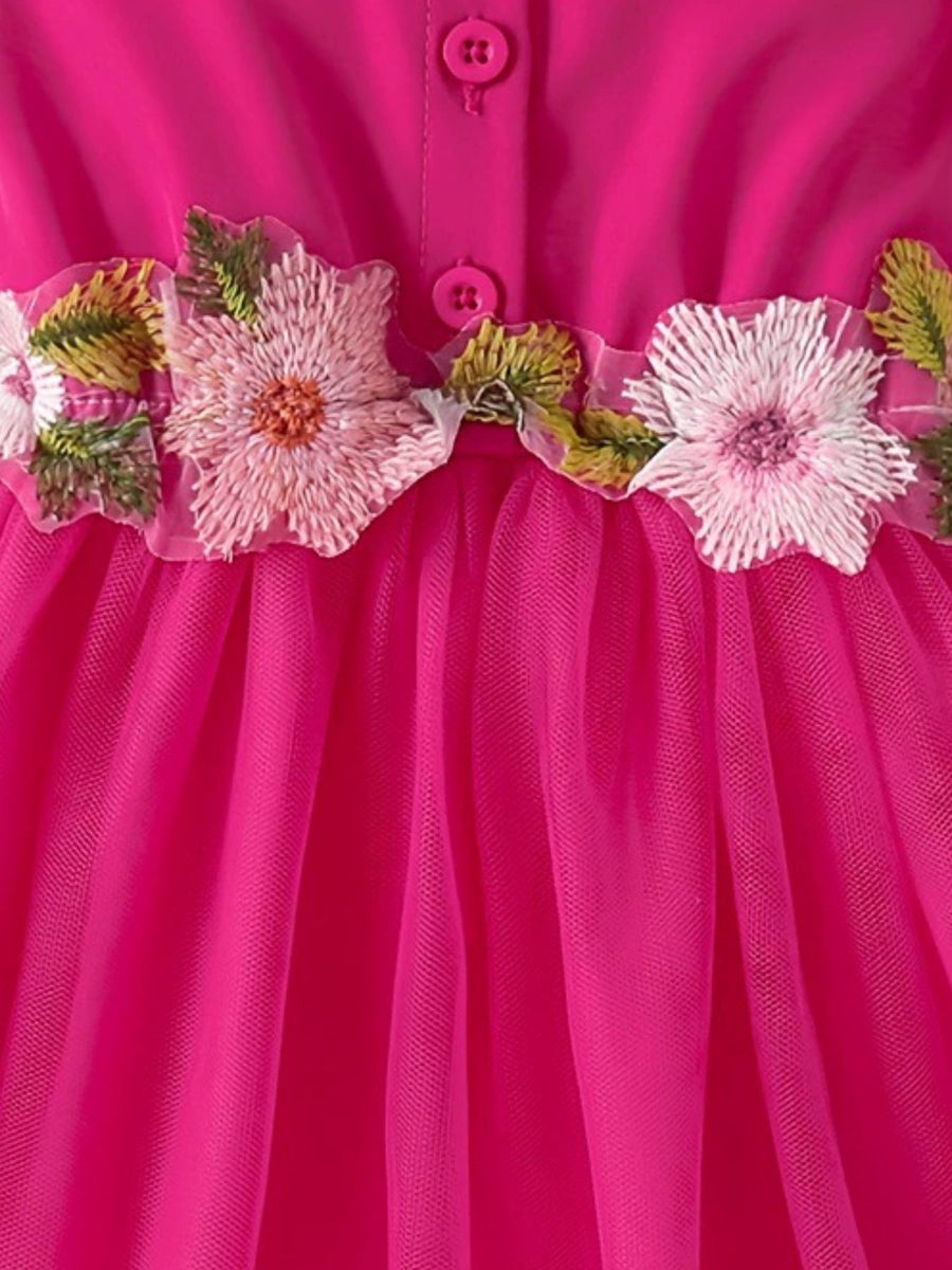 Watermelon pink baby dress with floral appliqué trim and button front detail.