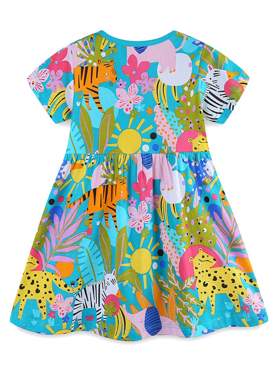 Toddler cotton dress with vibrant safari animal print, short sleeves, and round neckline.