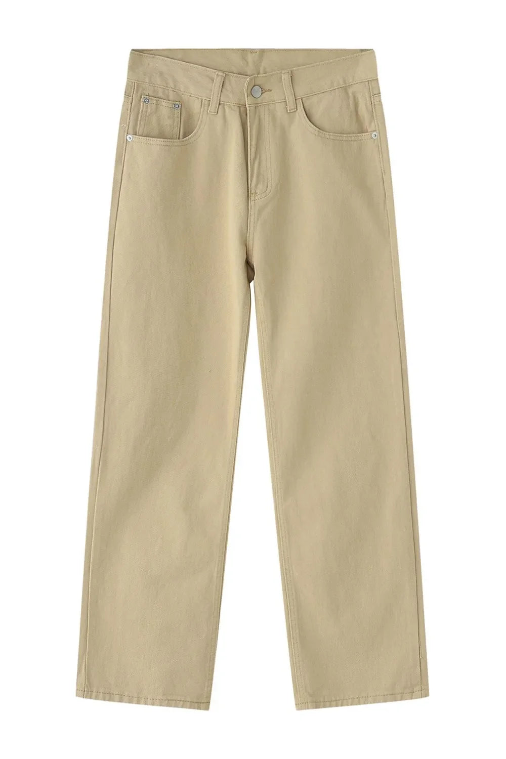 Relaxed fit khaki chino trousers with a straight leg and classic five-pocket styling.