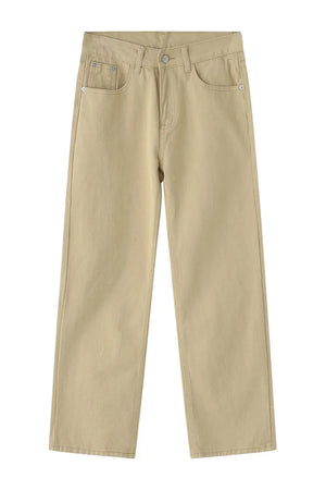 Relaxed fit khaki chino trousers with a straight leg and classic five-pocket styling.