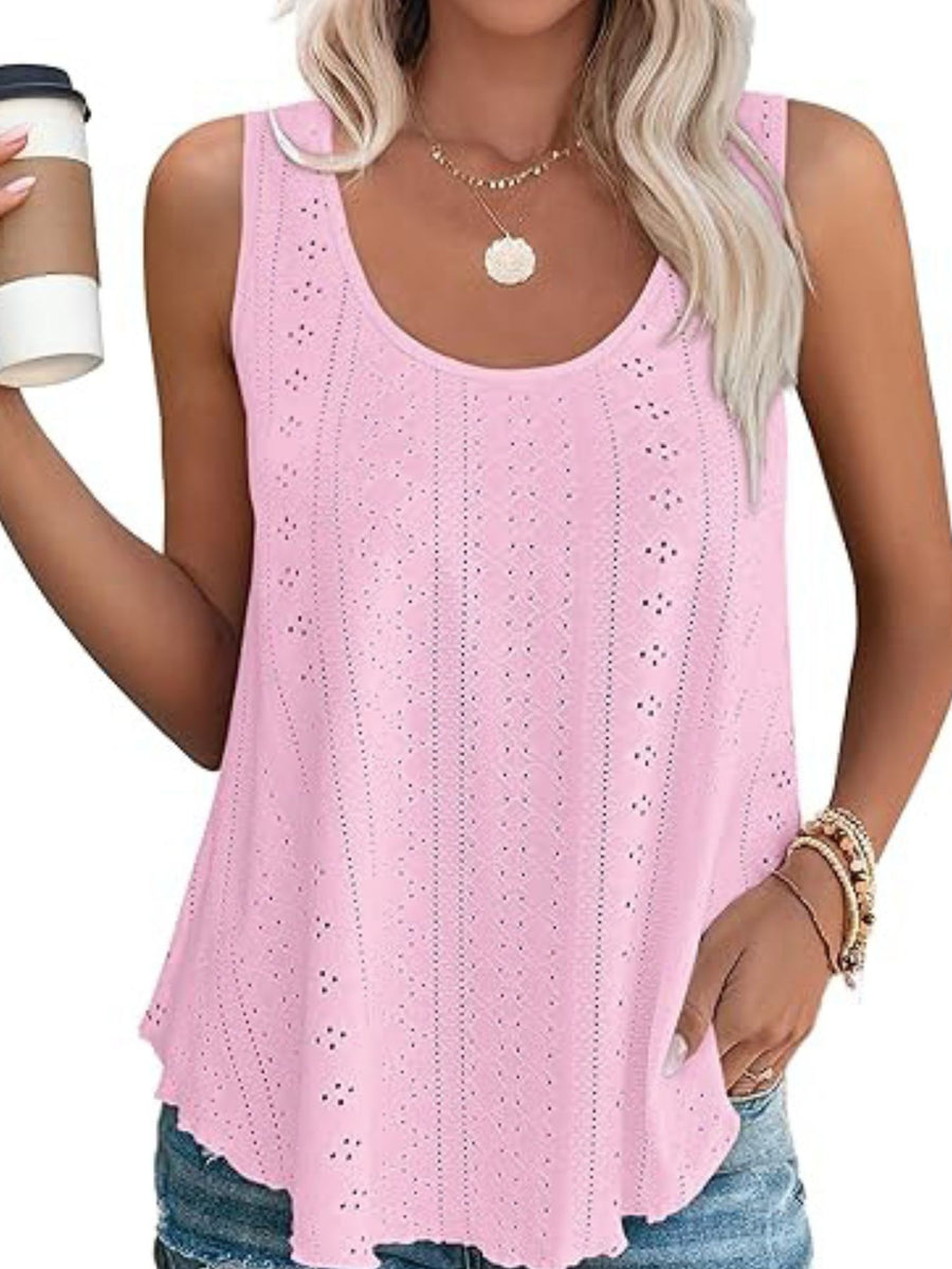 Dusty Pink eyelet scoop neck tank top with intricate eyelet details.