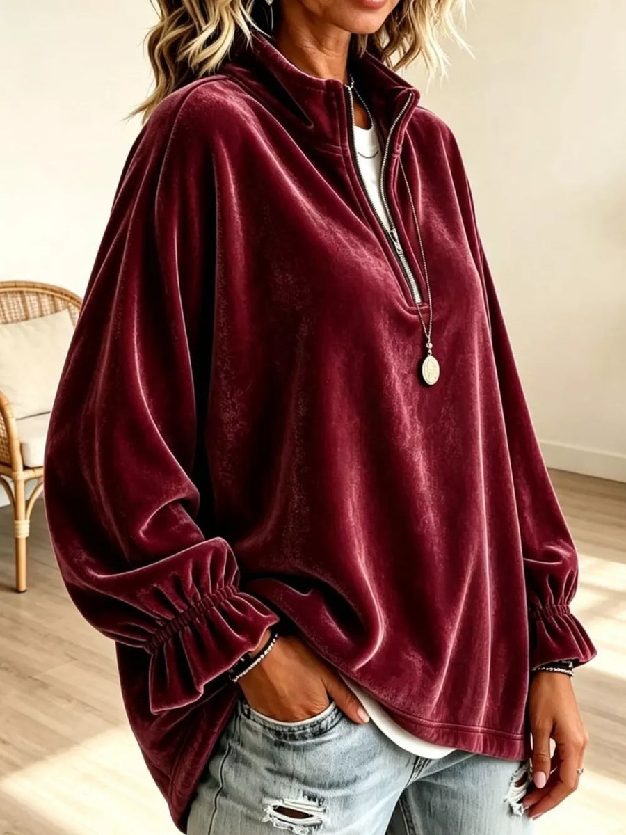 sweatshirt in burgundy featuring ruffled cuffs and relaxed fit