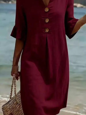 Button Decor Ruffle Sleeve Midi Dress Plus Size in Green