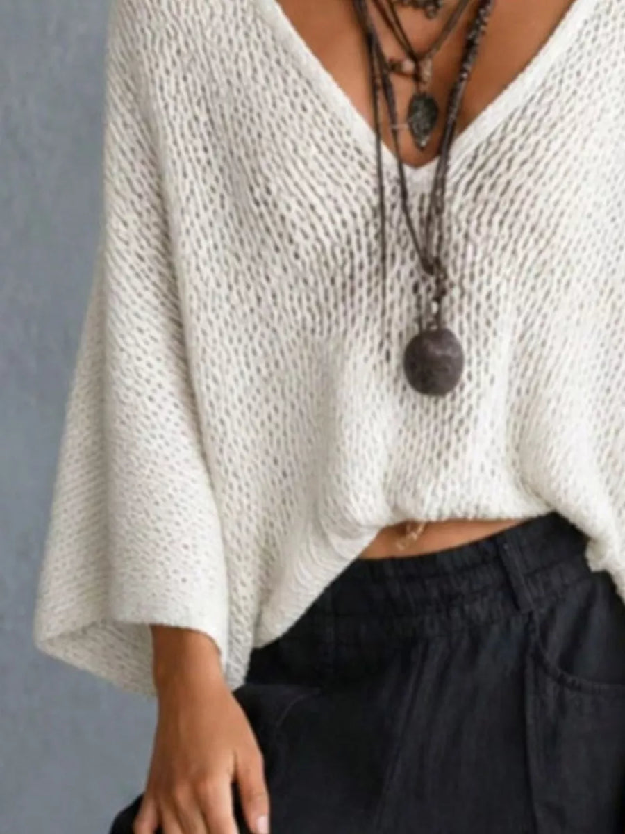 Gray V-neck Batwing Sleeve Sweater