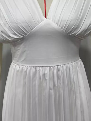 White cap sleeve midi gown with deep V-neck and pleated skirt.
