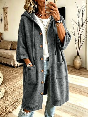 Relaxed Hooded Button-Down Knit Cardigan With Pockets in Gray with hooded
