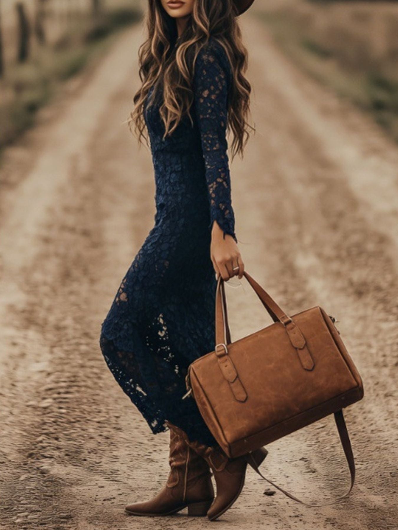 Navy lace long sleeve midi dress with split cuffs, worn with brown boots and a tan handbag.
