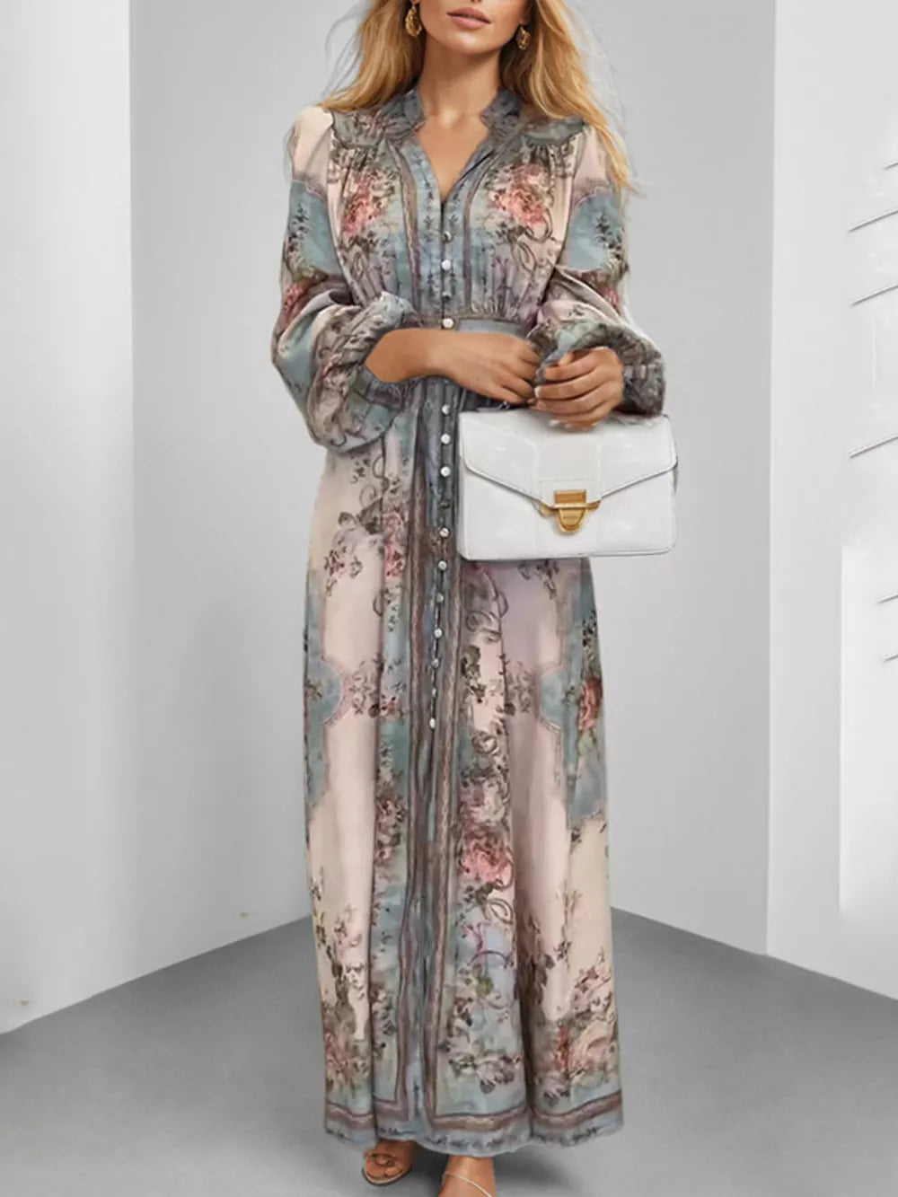 light blue maxi dress featuring buttoned and floral