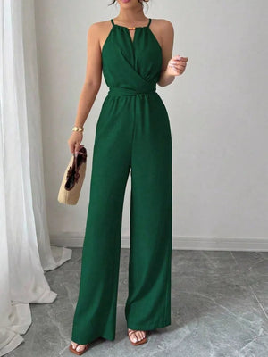 Sleeveless Tie Waist Wide-leg Jumpsuit in Black with tied