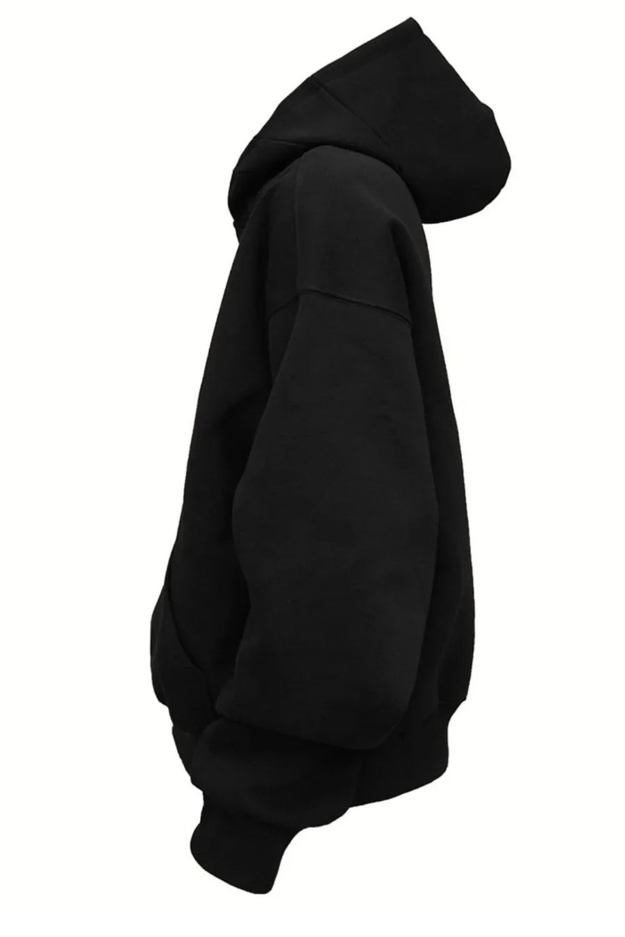 Black oversized slouch hoodie with kangaroo pocket and drawstring hood.