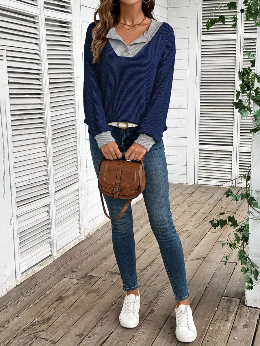Chic ribbed two-tone buttoned maternity shirt in navy with gray accents.