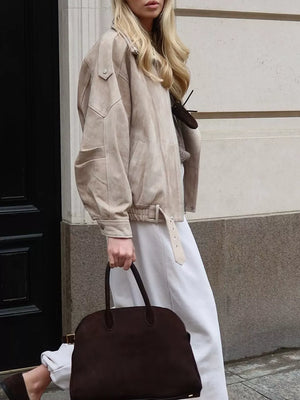 Zip Up Dropped Shoulder Moto Jacket in Brown with zipper