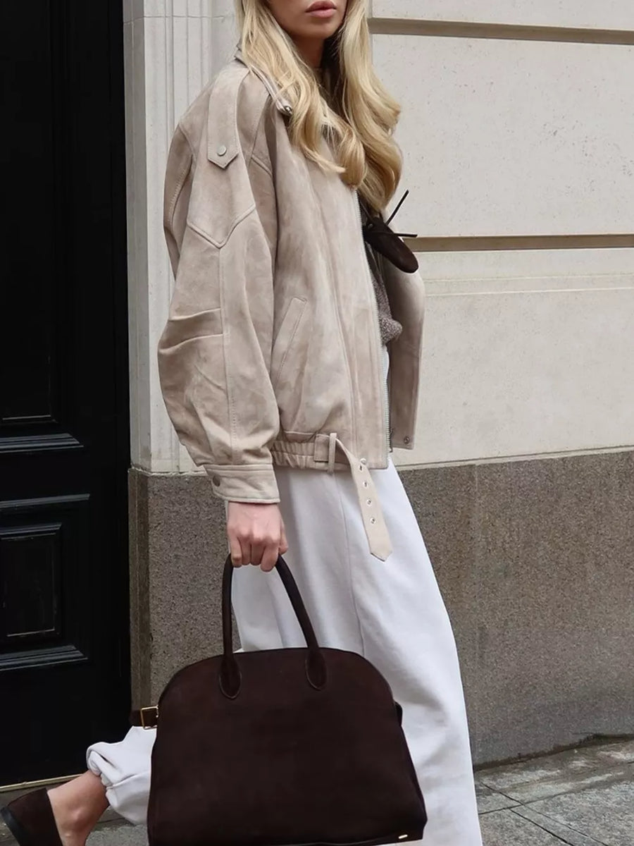 Zip Up Dropped Shoulder Moto Jacket in Brown with zipper
