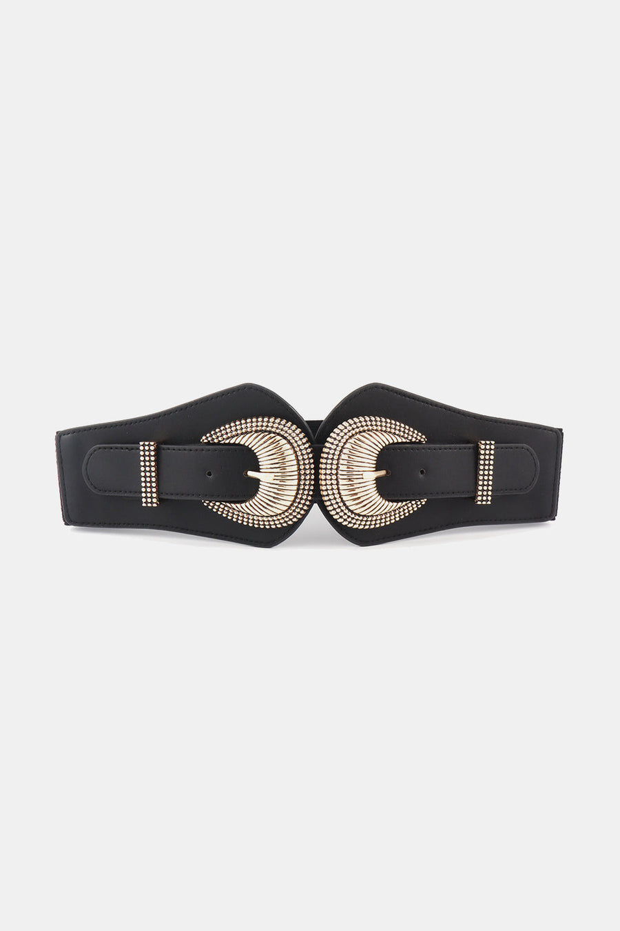 Black corset belt with ornate gold double buckles and studded details.