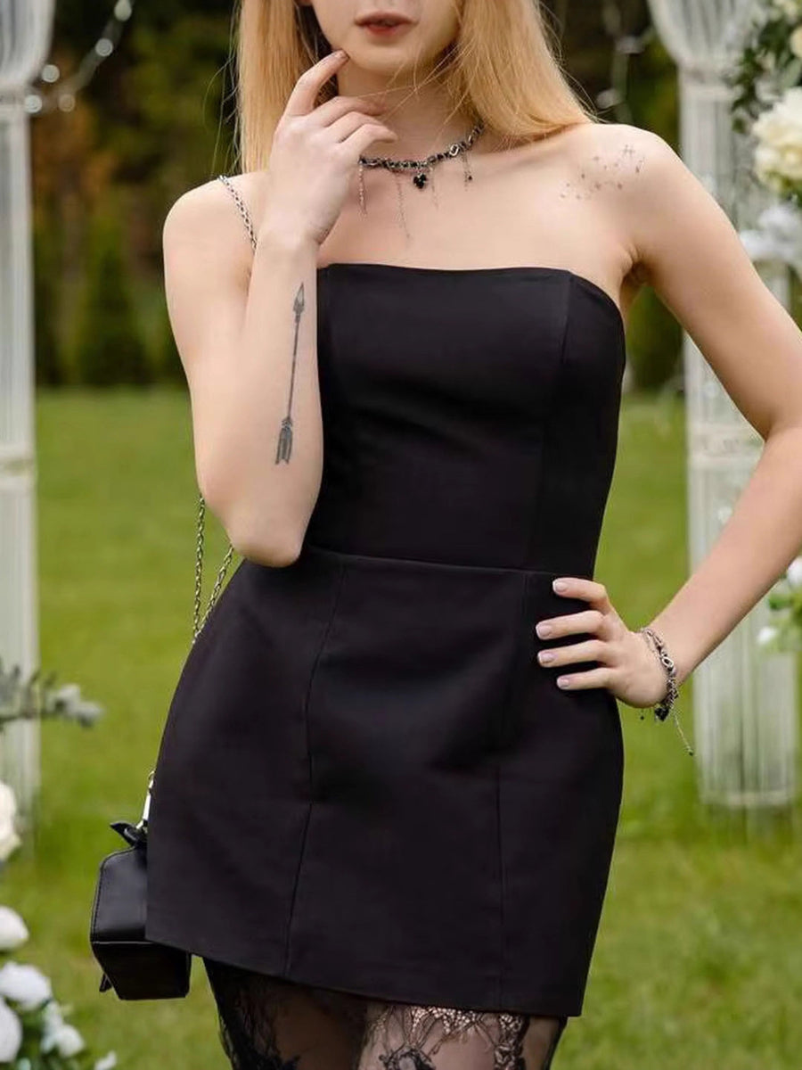 Black strapless tube top dress with lace hem detail.