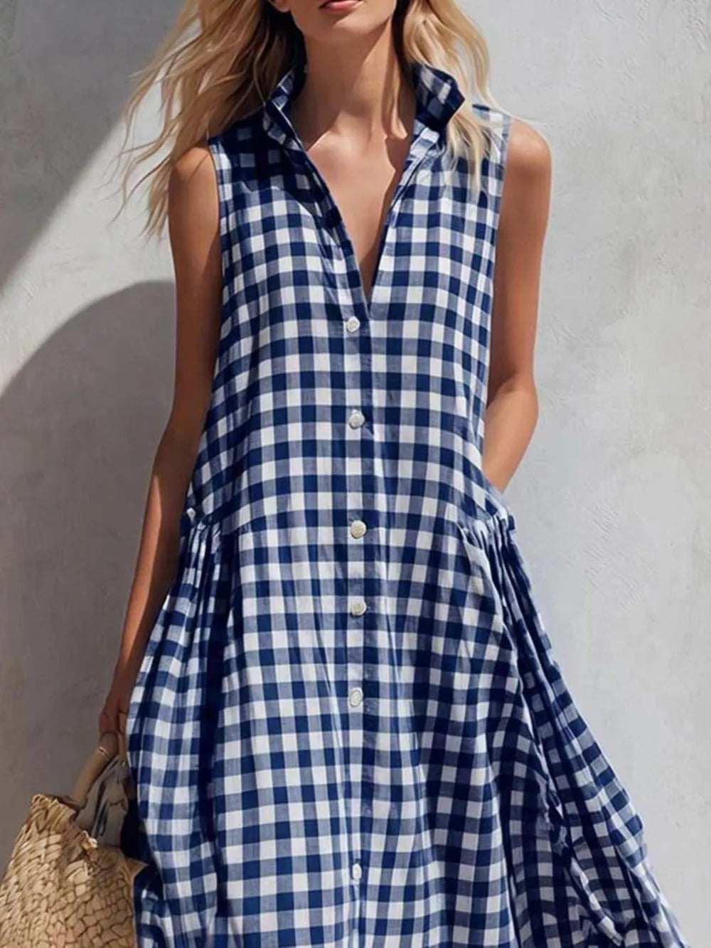 midi dress featuring gingham in light blue with 100% polyester Care instructions: Machine wash cold texture