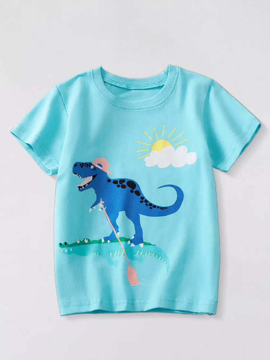 Blue t-shirt with short sleeves and a crew neck featuring a graphic of a blue dinosaur rowing a boat with a sun and clouds.