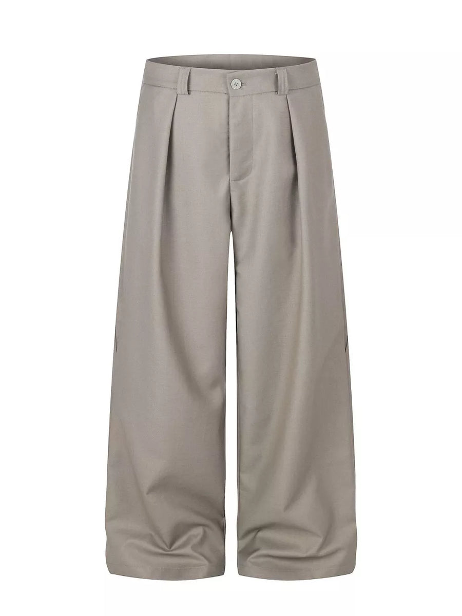 Khaki wide-leg casual pants with belt loops and pleats.
