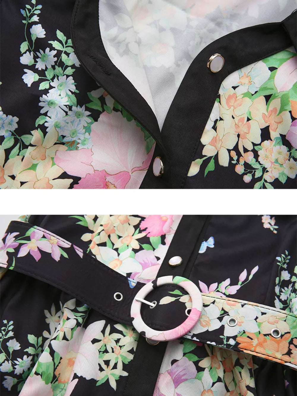 Maternity dress with floral print, black trim, buttons, and a patterned belt with a round buckle.