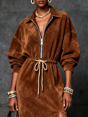 100% polyester Care instructions: Machine wash cold midi dress in Brown with straight silhouette