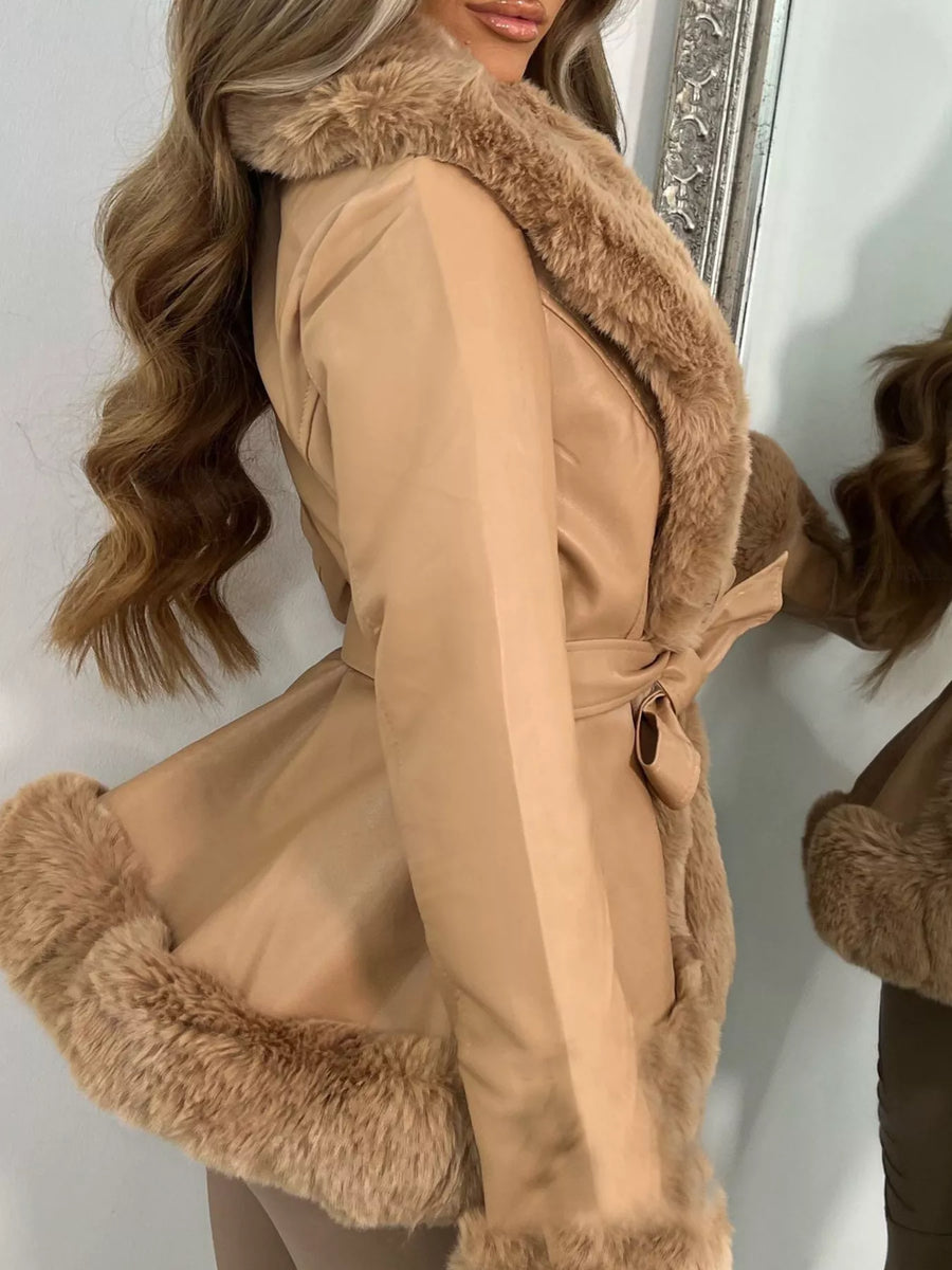 Beige belted faux fur trim coat with textured fabric and a tie waist.