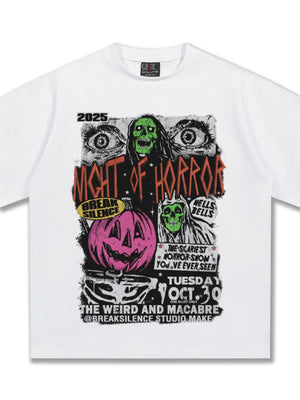 White cotton t-shirt with vintage horror graphic, skulls, pumpkin, and text.