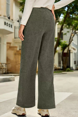 Army Green with Drawstring Corduroy Wide Leg Pants in Army Green