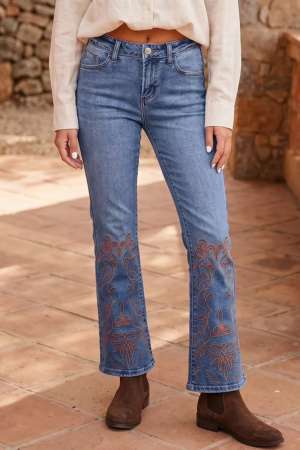 Embroidered Flare Leg Jeans in this colorway