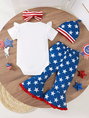 Patriotic baby bodysuit with ruffled sleeves and star flare pants set with matching hat and bow.