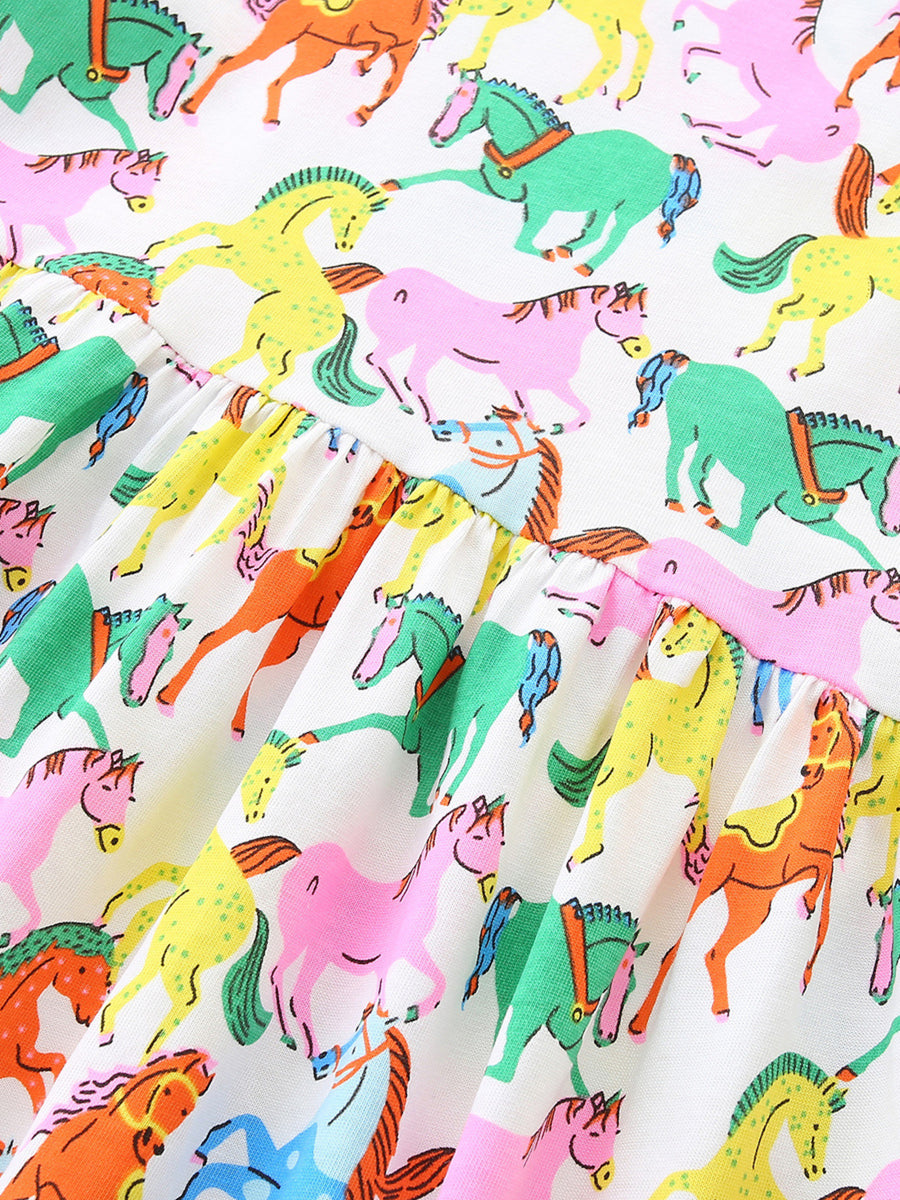 Toddler cotton dress with a playful allover print of colorful horses.