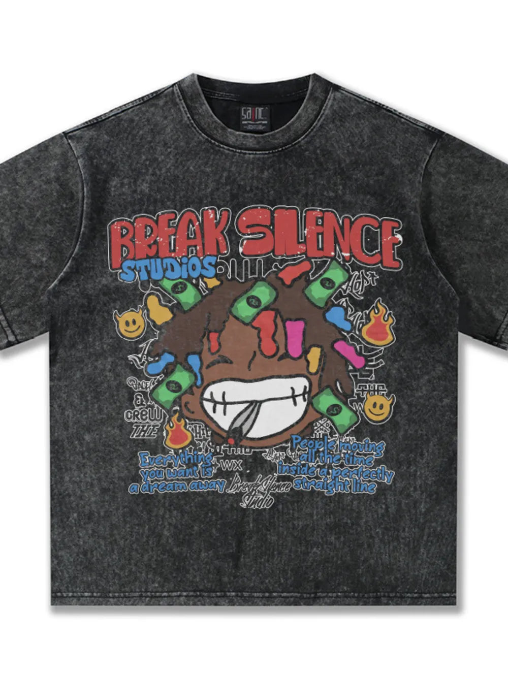 Dark gray graphic tee with bold print and relaxed fit.