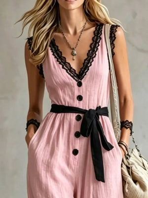 jumpsuit in Yellow with lace trim and full-length