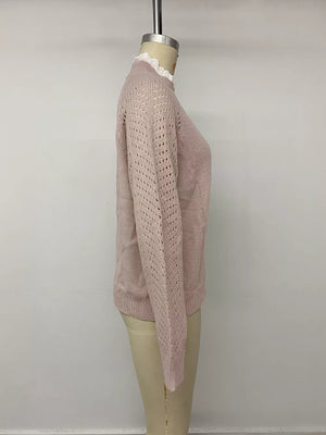 Openwork Mock Neck Sweater in Pink with lace detail