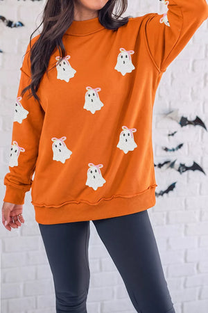 orange sweatshirt with ghost and mock neck