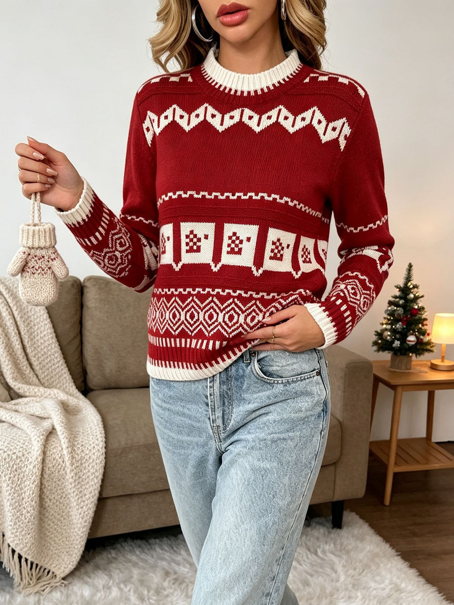 crewneck sweater in ivory with Fair Isle and stretch