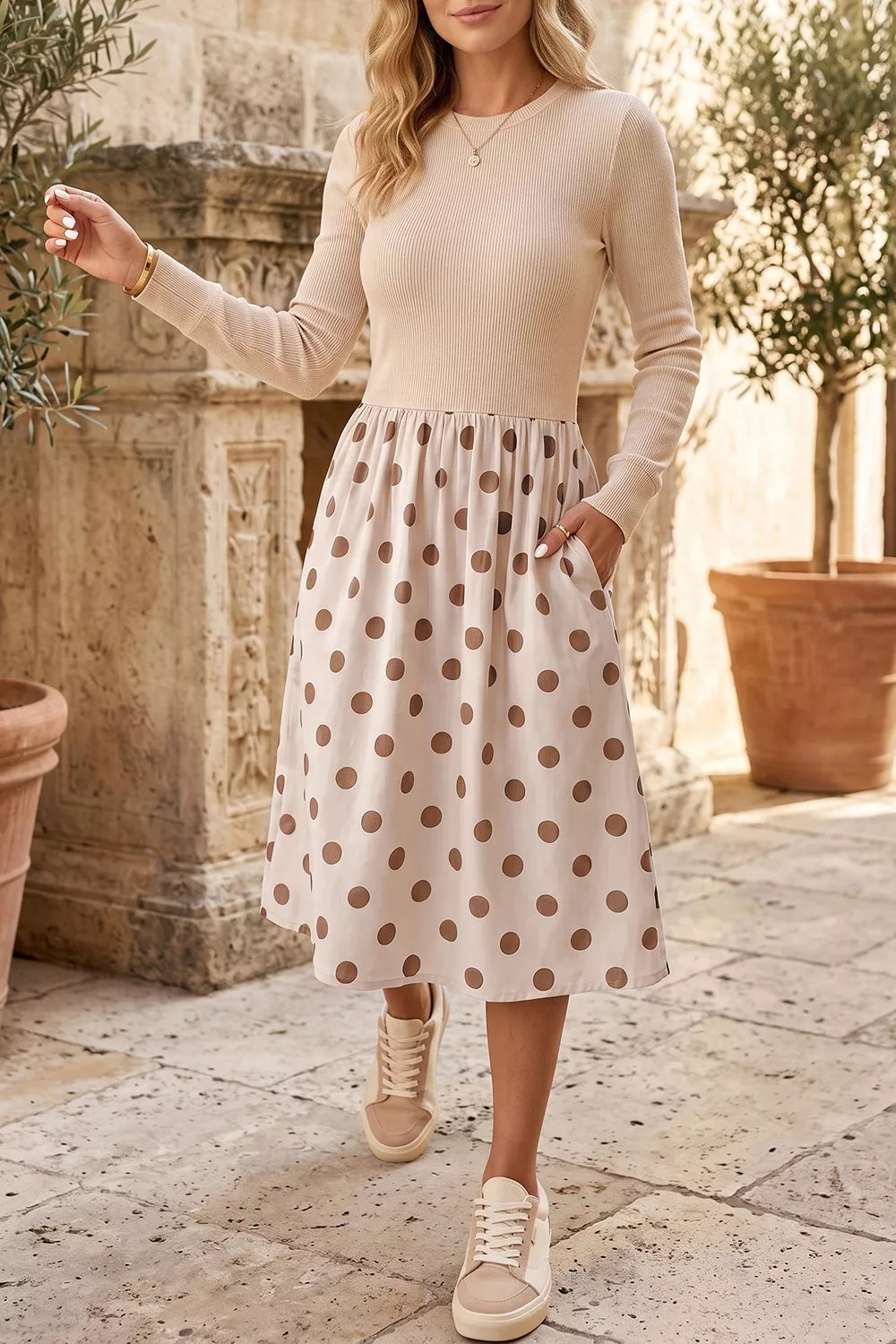 beige midi dress with polka dot and round neck