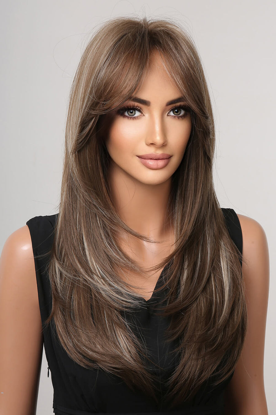 Layered brown and blonde highlights synthetic wig with bangs